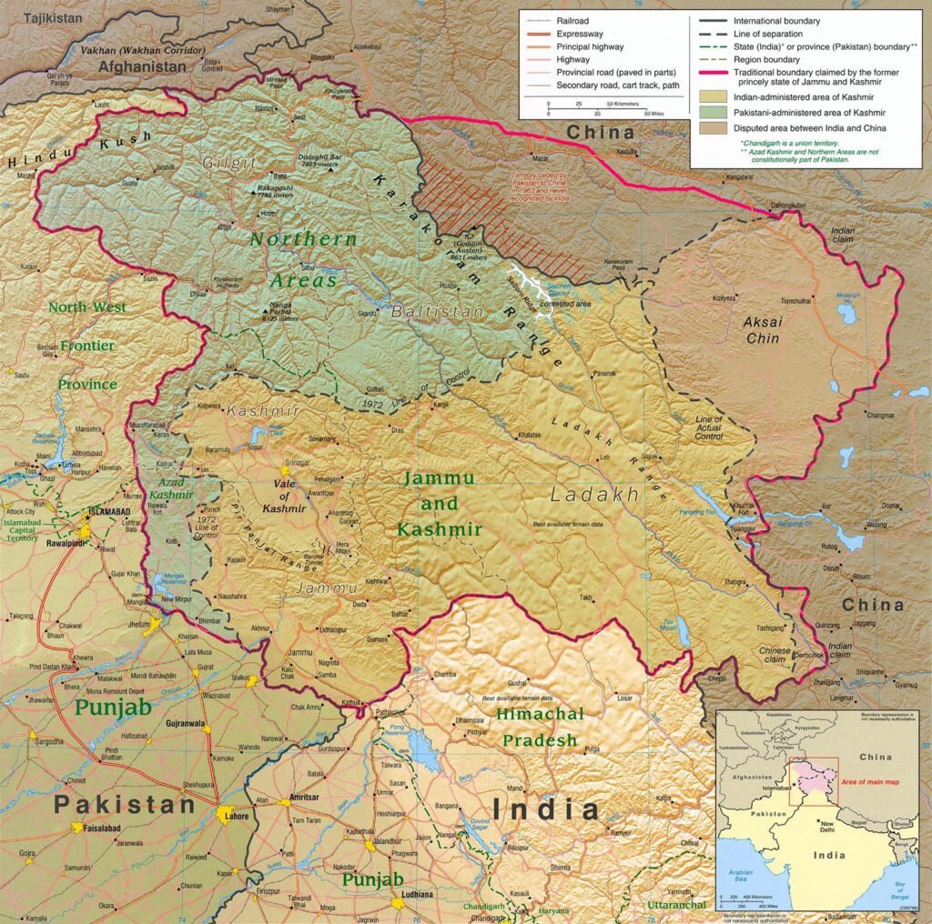 The territory of the princely state of Jammu and Kashmir is now jointly administered by Pakistan, India and China, shown here in shades of green, yellow and brown respectively